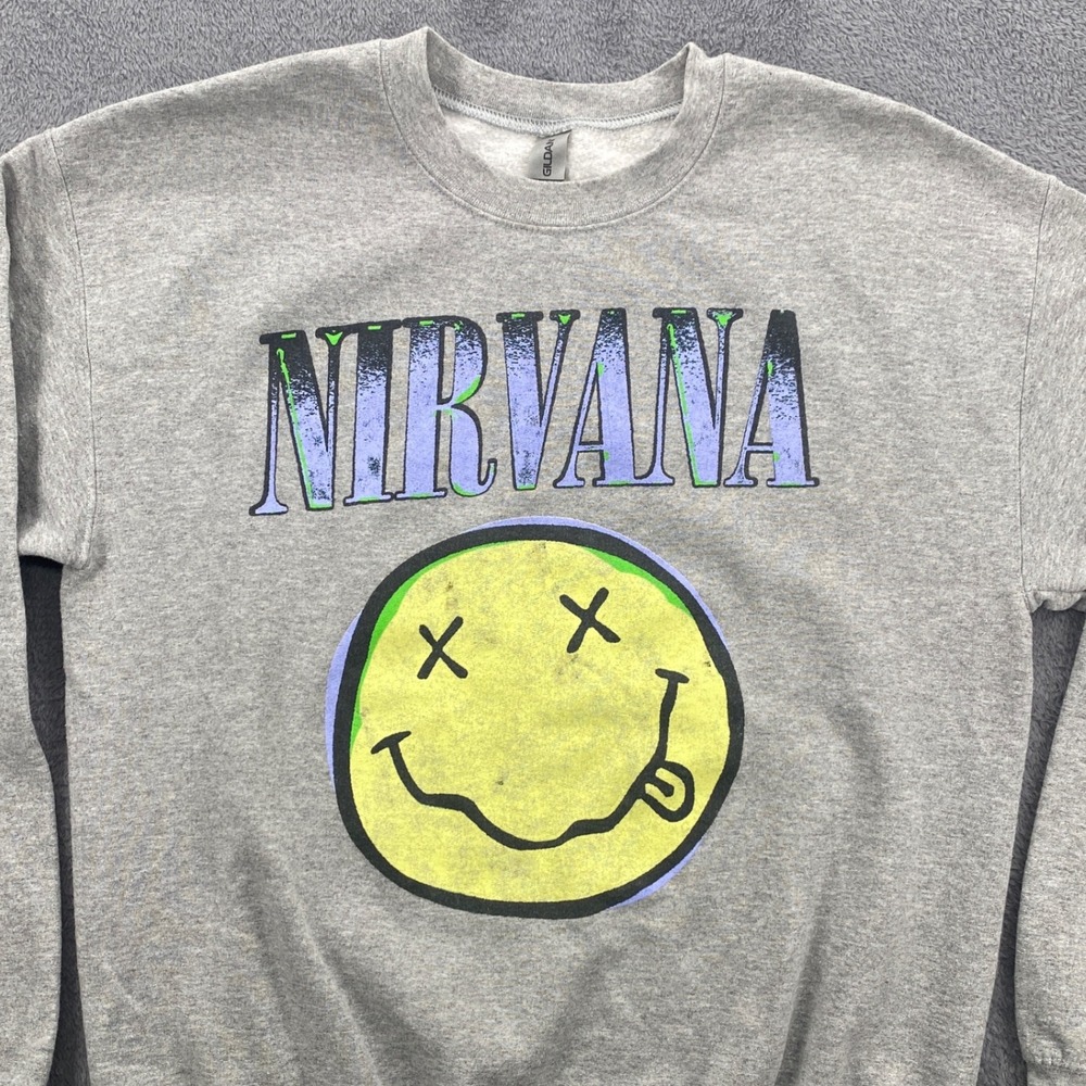 Nirvana Sweatshirt Unisex Medium Gray Smiley Face Graphic Crewneck Gildan